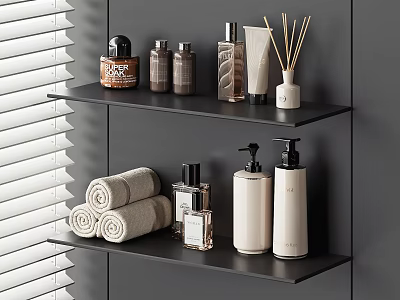 Organized Bathroom Shelves With Daily Cleansing Products Towels And Fragrance Sticks 3d model