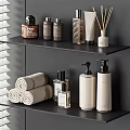 Organized Bathroom Shelves With Daily Cleansing Products Towels And Fragrance Sticks