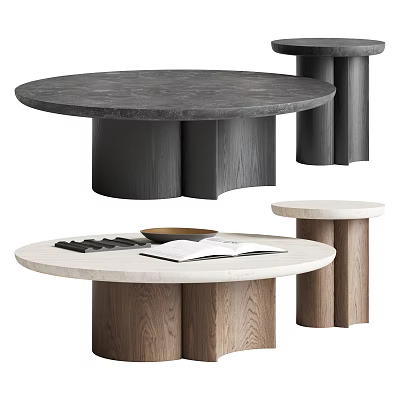 Round Coffee Table with Marble Top Wooden Base and Magazine Decorative Tray 3d model