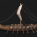 Ancient Wooden Ship With Decorative Sail And Intricate Patterns Rowing Oars And Side Shields