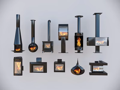 Various Modern Fireplace Designs With Different Styles And Burning Flames For Home 3d model