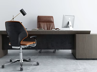 Modern Office Desk With Black Brown Chair Apple Monitor And Desk Lamp 3d model