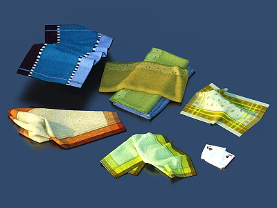 Vibrant Assorted Towels In Blue Green Yellow Beige With Decorative Edges And Soft Fabric 3d model