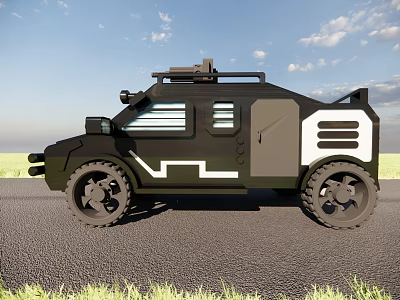 Black and Gray Functional Vehicle With Large Wheels Roof Equipment And White Lines On Road 3d model