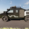 Black and Gray Functional Vehicle With Large Wheels Roof Equipment And White Lines On Road