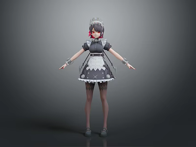 3D Model of Woman in Classic Maid Outfit with White Apron and Arm Cuffs 3d model