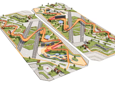 Park Landscape Design With Curved Paths Water Features And Green Spaces 3d model