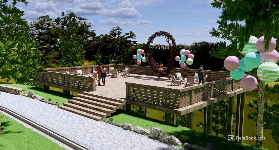 Park Landscape with Wooden Deck Heart Shaped Woven Arch Colorful Balloons and People Gathering 3d model 