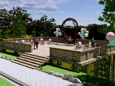 Park Landscape with Wooden Deck Heart Shaped Woven Arch Colorful Balloons and People Gathering 3d model