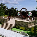 Park Landscape with Wooden Deck Heart Shaped Woven Arch Colorful Balloons and People Gathering