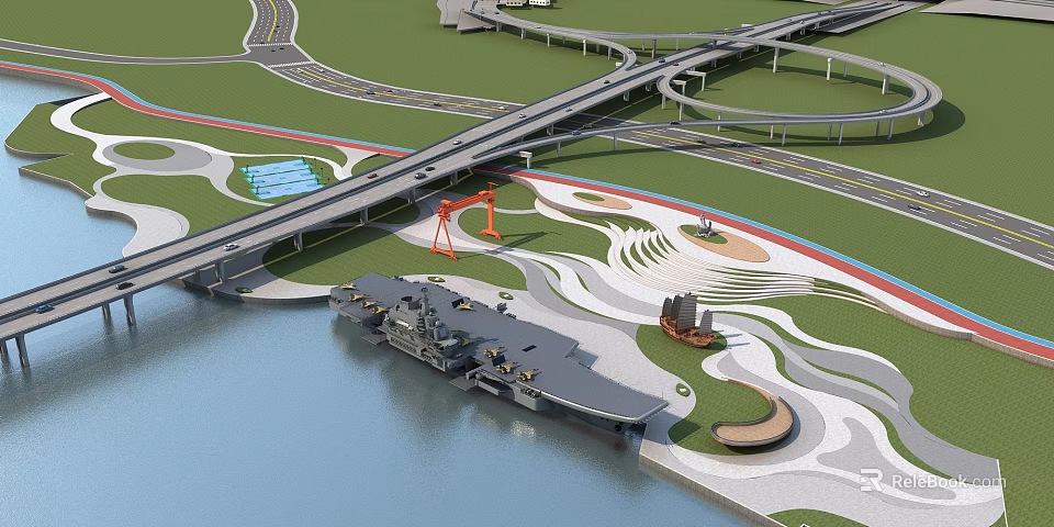 Aerial View of Scenic Riverfront Landscape With Bridge Road Network and Ship Structure 3d model 