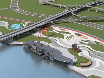 Aerial View of Scenic Riverfront Landscape With Bridge Road Network and Ship Structure 3d model