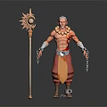 White Haired Elder Character With Creature Tattoo And Sun Patterned Staff Shackles
