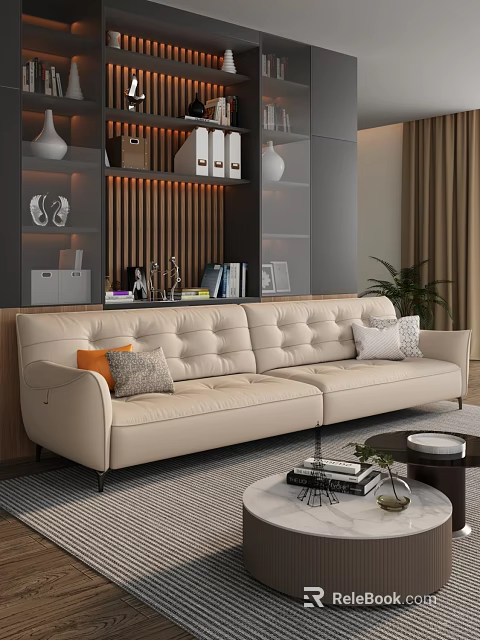 Beige Leather Double Sofa With Button Tufted Design And Colorful Cushions In Modern Living Room 3d model 