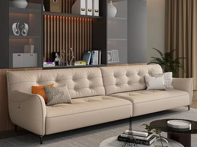 Beige Leather Double Sofa With Button Tufted Design And Colorful Cushions In Modern Living Room 3d model