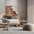 Modern Living Room Interior With Sofa Coffee Table Rug Decorative Painting And Rattan Chairs
