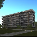 Modern Residential Building With Spacious Balconies Lush Greenery And Lawn Pathway