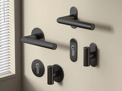 Modern Black Door Handles In Various Styles Mounted On Beige Wall For Home Decor 3d model