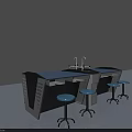 Modern Functional Desk Design With Blue Countertop Black Frame And Blue Stools 3d model