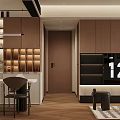 Modern Living and Dining Area Interior With Brown Sofa Bookshelf Framed Paintings And Pendant Lights