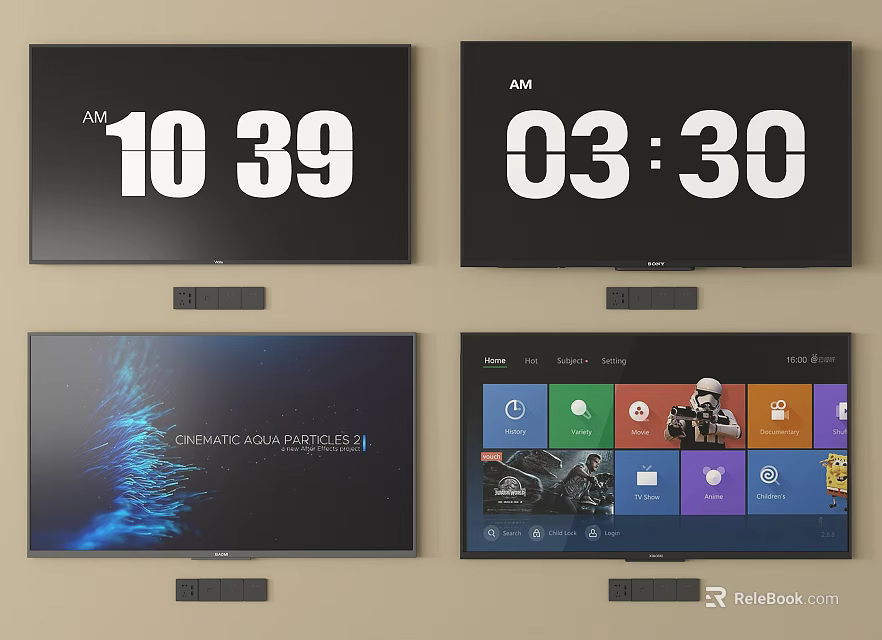 Modern Multiple Television Screens Displaying Time App Interfaces And Digital Content 3d model 