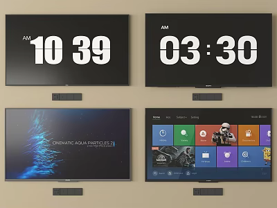 Modern Multiple Television Screens Displaying Time App Interfaces And Digital Content 3d model