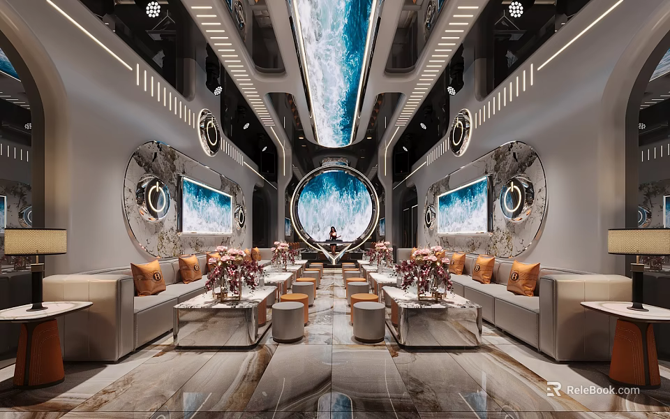 Luxurious Modern KTV Room With Starry Sky Ceiling Round Window Sofa And Flower Bouquets 3d model 