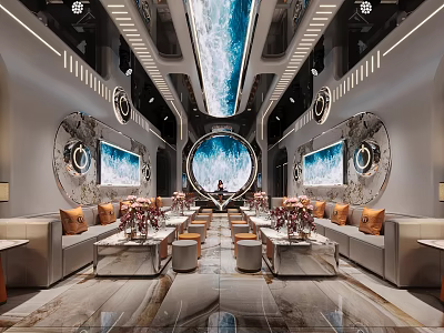 Luxurious Modern KTV Room With Starry Sky Ceiling Round Window Sofa And Flower Bouquets 3d model