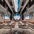 Luxurious Modern KTV Room With Starry Sky Ceiling Round Window Sofa And Flower Bouquets