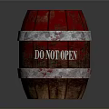 Red Wooden Barrel With Silver Metal Hoops And DO NOT OPEN Sign On Dark Background