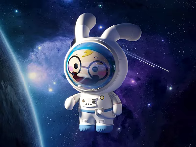 Cute Rabbit Astronaut Sculpture with Helmet Spacesuit and Earth View in Starry Space 3d model