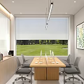 Modern Office Corridor With Wooden Walls Green Plants Large Window Forest View And Steps