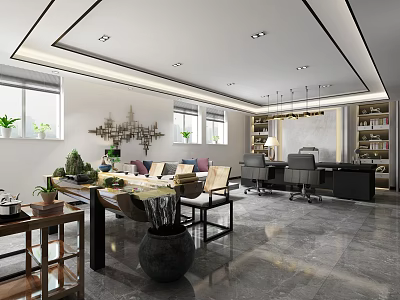 Modern Office Interior Design With Desks Ergonomic Chairs Bookshelves Pendant Lights And Green Plants 3d model