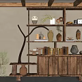 Decorative Ornament Set With Wooden Shelf Clay Pots Books And Green Plants