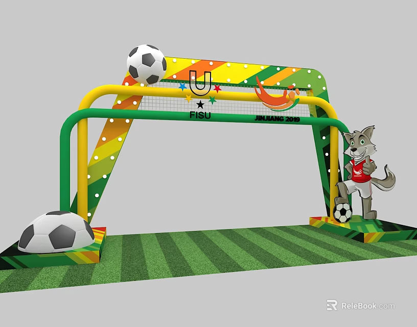 Colorful Soccer Goal Featuring Wolf Mascot And Soccer Balls On Green Turf 3d model 