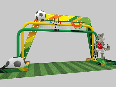 Colorful Soccer Goal Featuring Wolf Mascot And Soccer Balls On Green Turf 3d model