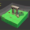 3D Scenic Model Featuring Stone Archway Green Grass Small Red Flag And Stone Blocks