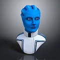 Blue Skinned Sci Fi Character With Horned Head And White Striped Outfit