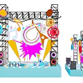Vibrant Stage Scene With Steel Frame Colorful Decorations Speakers Gears And Musical Notes