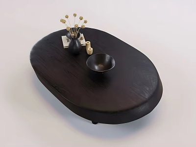 Oval Dark Wood Coffee Table With Vase Dried Flowers And Small Bowl 3d model