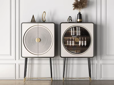 Two Elegant Wine Cabinets With Glass Doors Gold Accents And Black Legs 3d model