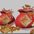 Red Fortune Bags With Fu Character And Scattered Gold Ingots Lucky Coins