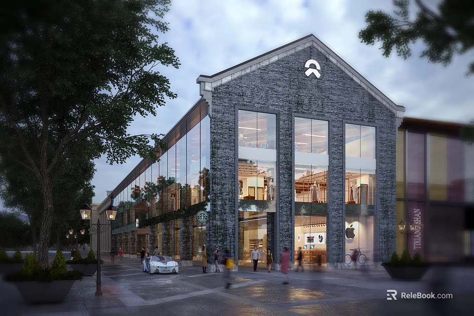 Modern Commercial Complex Featuring Brick Exterior Large Glass Windows Tree Lined Street And Pedestrians 3d model 