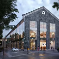 Modern Commercial Complex Featuring Brick Exterior Large Glass Windows Tree Lined Street And Pedestrians