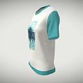 Casual White T shirt with Turquoise Short Sleeves and Palm Tree Graphic Design