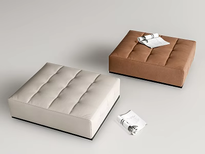 Beige and Brown Tufted Upholstered Ottoman Footstool with Magazine on Light Background 3d model