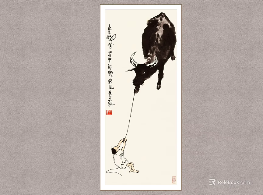 Traditional Chinese Ink Wash Figure Painting of Boy Pulling Ox with Calligraphy and Seals 3d model 