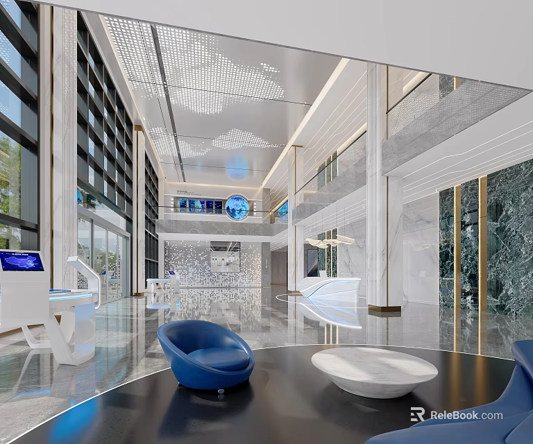 Modern Lobby Reception Area With Elegant Design Marble Accents Blue Chairs And White Tables 3d model 