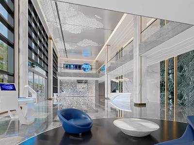 Modern Lobby Reception Area With Elegant Design Marble Accents Blue Chairs And White Tables 3d model