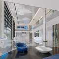 Modern Lobby Reception Area With Elegant Design Marble Accents Blue Chairs And White Tables